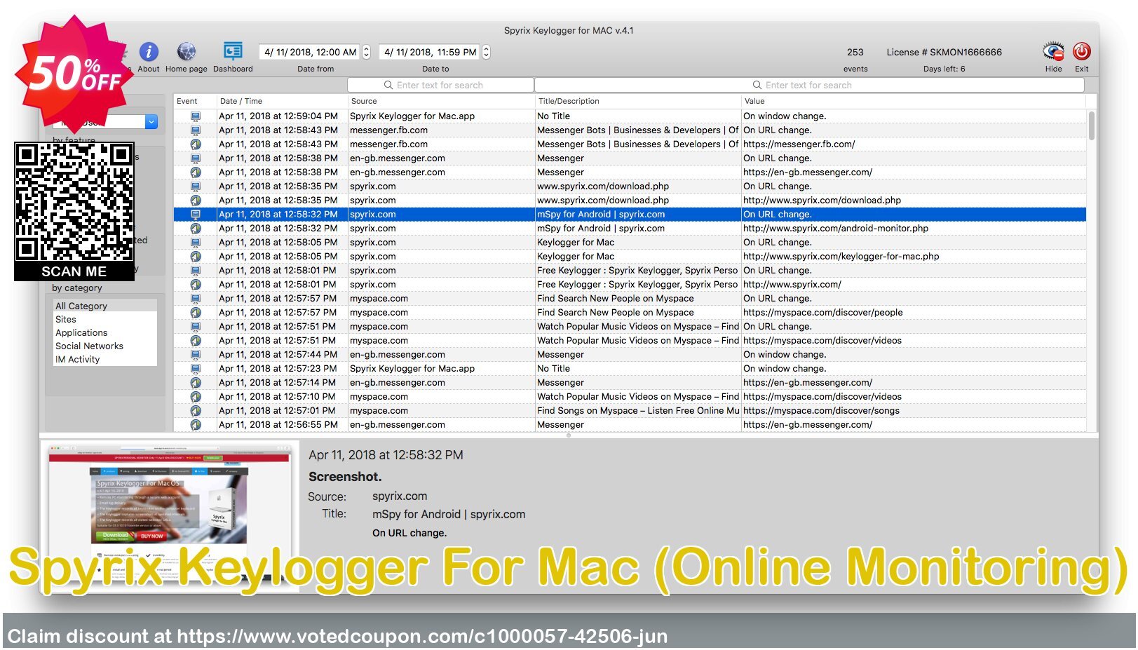 Spyrix Keylogger For MAC, Online Monitoring  Coupon, discount Discount Spyrix Keylogger +Online Monitoring 50%, special for MAC version. Promotion: pecial for MAC version, offer code of Spyrix Keylogger + Online Monitoring2024