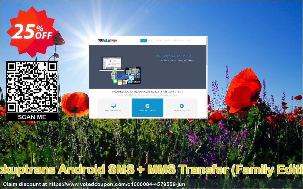 Backuptrans Android SMS + MMS Transfer, Family Edition  Coupon, discount Holiday Deals. Promotion: dreaded sales code of Backuptrans Android SMS + MMS Transfer (Family Edition) 2024