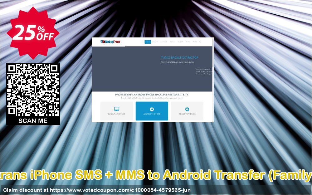 Backuptrans iPhone SMS + MMS to Android Transfer, Family Edition  Coupon, discount Holiday Deals. Promotion: amazing promotions code of Backuptrans iPhone SMS + MMS to Android Transfer (Family Edition) 2024