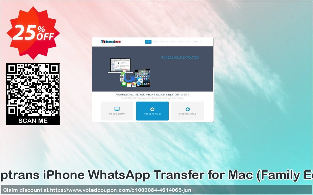 Backuptrans iPhone WhatsApp Transfer for MAC, Family Edition  Coupon, discount Backuptrans iPhone WhatsApp Transfer for Mac (Family Edition) super promo code 2024. Promotion: amazing discount code of Backuptrans iPhone WhatsApp Transfer for Mac (Family Edition) 2024
