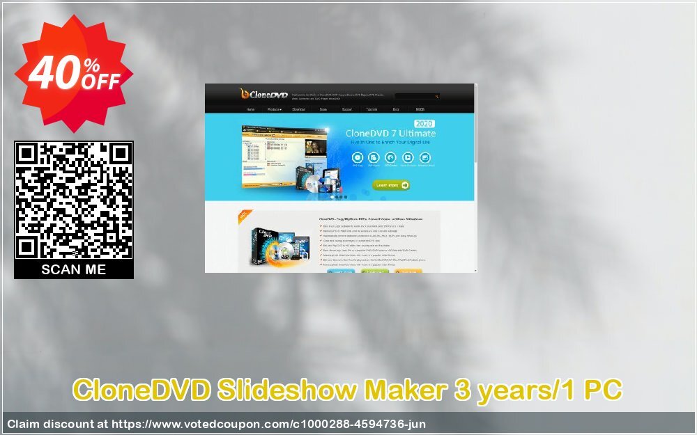 CloneDVD Slideshow Maker 3 years/1 PC Coupon, discount CloneDVD Slideshow Maker 3 years/1 PC fearsome discount code 2024. Promotion: fearsome discount code of CloneDVD Slideshow Maker 3 years/1 PC 2024