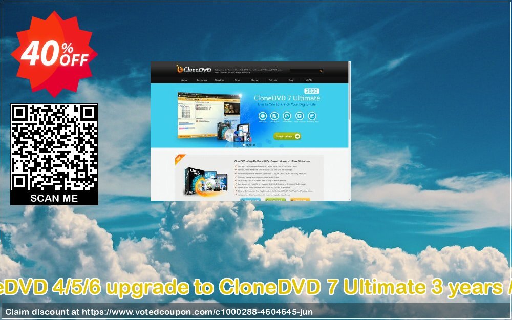 CloneDVD 4/5/6 upgrade to CloneDVD 7 Ultimate 3 years / 1 PC Coupon, discount CloneDVD 4/5/6 upgrade to CloneDVD 7 Ultimate 3 years / 1 PC imposing sales code 2024. Promotion: imposing sales code of CloneDVD 4/5/6 upgrade to CloneDVD 7 Ultimate 3 years / 1 PC 2024