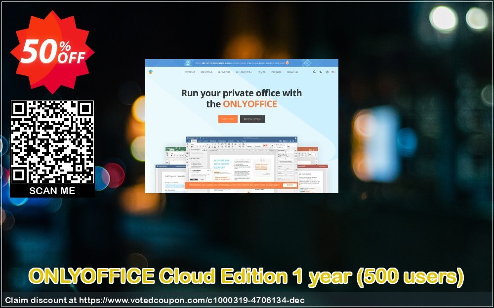 ONLYOFFICE Cloud Edition Yearly, 500 users  Coupon, discount 50% OFF ONLYOFFICE Cloud Edition 1 year (500 users), verified. Promotion: Stunning discount code of ONLYOFFICE Cloud Edition 1 year (500 users), tested & approved