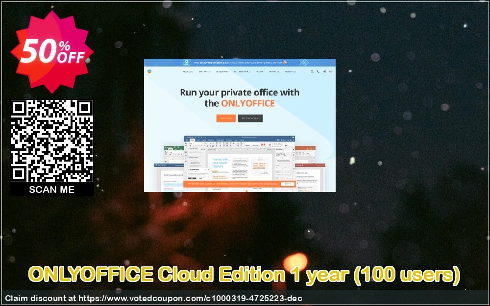 ONLYOFFICE Cloud Edition Yearly, 100 users  Coupon, discount 50% OFF ONLYOFFICE Cloud Edition 1 year (100 users), verified. Promotion: Stunning discount code of ONLYOFFICE Cloud Edition 1 year (100 users), tested & approved