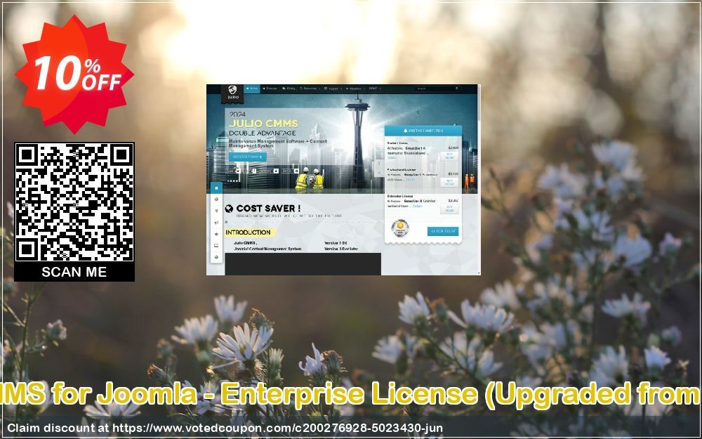Julio CMMS for Joomla - Enterprise Plan, Upgraded from Starter  Coupon, discount Julio CMMS for Joomla - Enterprise License (Upgraded from Starter) Dreaded sales code 2024. Promotion: Dreaded sales code of Julio CMMS for Joomla - Enterprise License (Upgraded from Starter) 2024