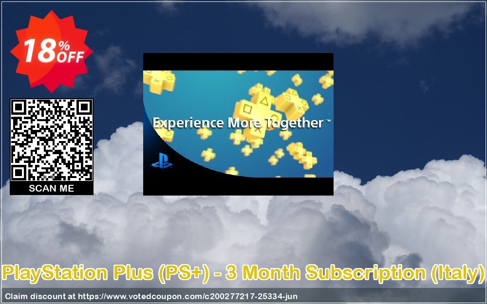 PS Plus, PS+ - 3 Month Subscription, Italy  Coupon, discount PlayStation Plus (PS+) - 3 Month Subscription (Italy) Deal. Promotion: PlayStation Plus (PS+) - 3 Month Subscription (Italy) Exclusive offer 