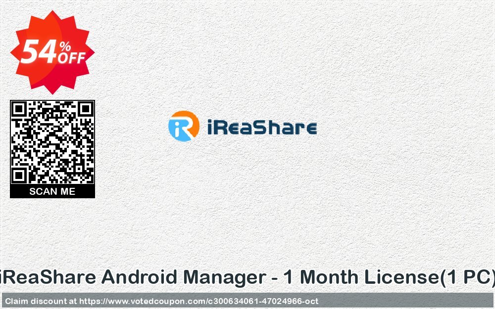 iReaShare Android Manager - Monthly Plan, 1 PC  Coupon, discount iReaShare Android Manager - 1 Month License(1 PC) Staggering discount code 2024. Promotion: Staggering discount code of iReaShare Android Manager - 1 Month License(1 PC) 2024