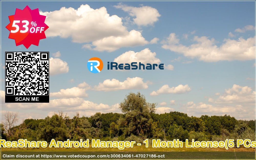 iReaShare Android Manager - Monthly Plan, 5 PCs  Coupon, discount iReaShare Android Manager - 1 Month License(5 PCs) Amazing promo code 2024. Promotion: Amazing promo code of iReaShare Android Manager - 1 Month License(5 PCs) 2024