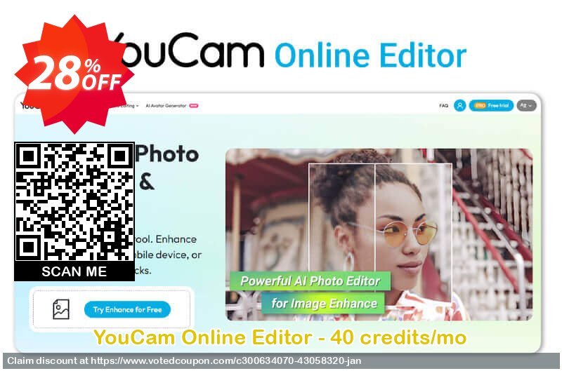 YouCam Online Editor - 40 credits/mo Coupon Code Jan 2025, 28% OFF - VotedCoupon