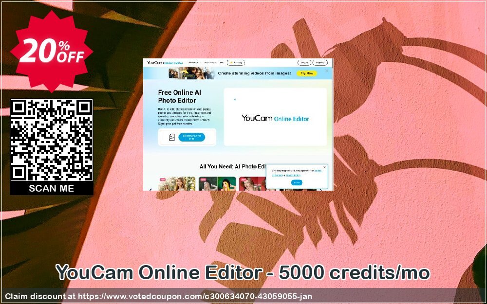 YouCam Online Editor - 5000 credits/mo Coupon, discount Affiliate. Promotion: Hottest discount code of YouCam Online Editor - 5000 credits/mo 2025