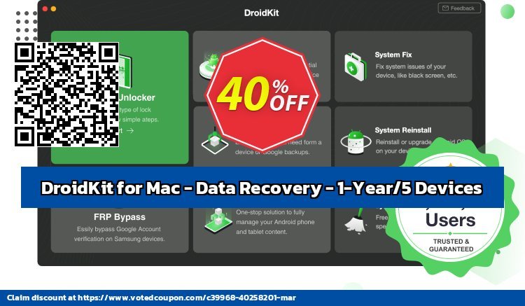 DroidKit for MAC - Data Recovery - 1-Year/5 Devices Coupon, discount DroidKit for Mac - Data Recovery - 1-Year Subscription/5 Devices Awful promo code 2024. Promotion: Awful promo code of DroidKit for Mac - Data Recovery - 1-Year Subscription/5 Devices 2024