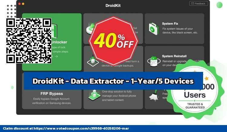DroidKit - Data Extractor - 1-Year/5 Devices Coupon, discount DroidKit for Windows - Data Extractor - 1-Year Subscription/5 Devices Hottest offer code 2024. Promotion: Hottest offer code of DroidKit for Windows - Data Extractor - 1-Year Subscription/5 Devices 2024