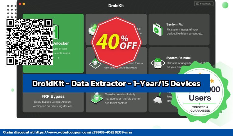 DroidKit - Data Extractor - 1-Year/15 Devices Coupon, discount DroidKit for Windows - Data Extractor - 1-Year Subscription/15 Devices Awesome discounts code 2024. Promotion: Awesome discounts code of DroidKit for Windows - Data Extractor - 1-Year Subscription/15 Devices 2024