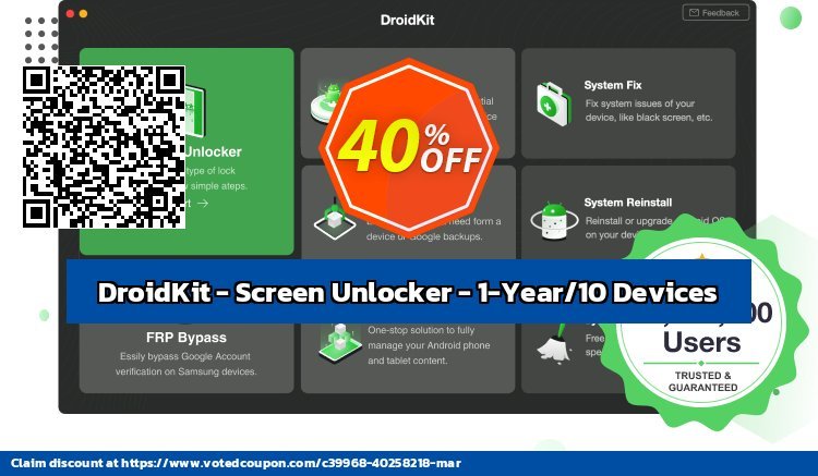 DroidKit - Screen Unlocker - 1-Year/10 Devices Coupon, discount DroidKit for Windows - Screen Unlocker - 1-Year Subscription/10 Devices Fearsome sales code 2024. Promotion: Fearsome sales code of DroidKit for Windows - Screen Unlocker - 1-Year Subscription/10 Devices 2024