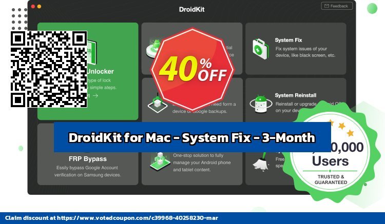 DroidKit for MAC - System Fix - 3-Month Coupon, discount DroidKit for Mac - System Fix - 3-Month Subscription/1 Device Special discounts code 2024. Promotion: Special discounts code of DroidKit for Mac - System Fix - 3-Month Subscription/1 Device 2024