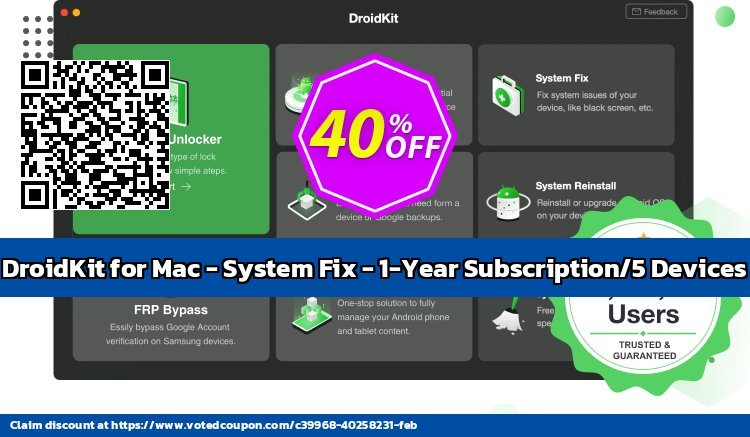 DroidKit for MAC - System Fix - 1-Year/5 Devices Coupon, discount DroidKit for Mac - System Fix - 1-Year Subscription/5 Devices Exclusive promotions code 2024. Promotion: Exclusive promotions code of DroidKit for Mac - System Fix - 1-Year Subscription/5 Devices 2024
