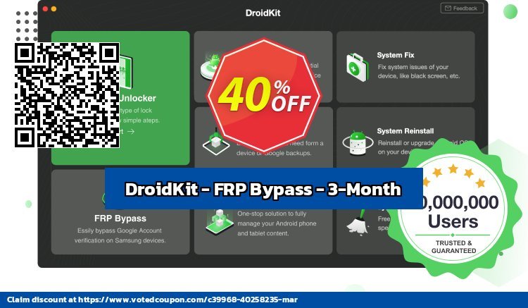 DroidKit - FRP Bypass - 3-Month Coupon, discount DroidKit for Windows - FRP Bypass - 3-Month Subscription/1 Device Stunning discount code 2024. Promotion: Stunning discount code of DroidKit for Windows - FRP Bypass - 3-Month Subscription/1 Device 2024