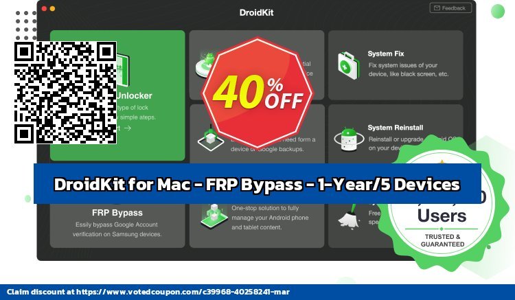 DroidKit for MAC - FRP Bypass - 1-Year/5 Devices Coupon, discount DroidKit for Mac - FRP Bypass - 1-Year Subscription/5 Devices Fearsome offer code 2024. Promotion: Fearsome offer code of DroidKit for Mac - FRP Bypass - 1-Year Subscription/5 Devices 2024