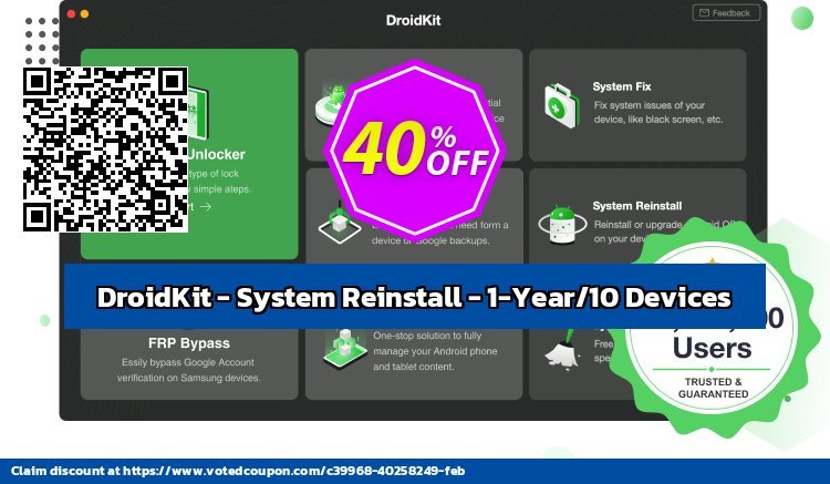DroidKit - System Reinstall - 1-Year/10 Devices Coupon, discount DroidKit for Windows - System Reinstall - 1-Year Subscription/10 Devices Super discount code 2024. Promotion: Super discount code of DroidKit for Windows - System Reinstall - 1-Year Subscription/10 Devices 2024