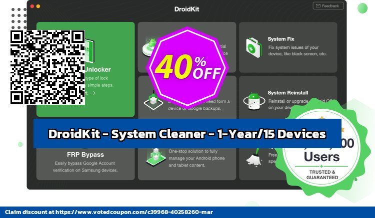 DroidKit - System Cleaner - 1-Year/15 Devices Coupon, discount DroidKit for Windows - System Cleaner - 1-Year Subscription/15 Devices Imposing sales code 2024. Promotion: Imposing sales code of DroidKit for Windows - System Cleaner - 1-Year Subscription/15 Devices 2024