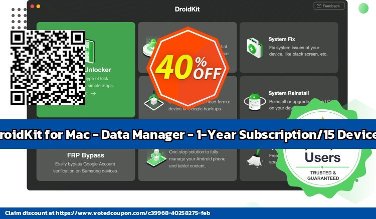 DroidKit for MAC - Data Manager - 1-Year/15 Devices Coupon, discount DroidKit for Mac - Data Manager - 1-Year Subscription/15 Devices Hottest deals code 2024. Promotion: Hottest deals code of DroidKit for Mac - Data Manager - 1-Year Subscription/15 Devices 2024