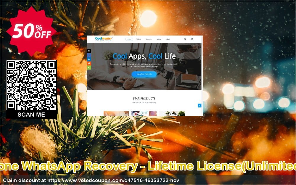 Coolmuster iPhone WhatsApp Recovery - Lifetime Plan, Unlimited Devices, 1 PC  Coupon, discount Coolmuster iPhone WhatsApp Recovery - Lifetime License(Unlimited Devices, 1 PC) Imposing discount code 2024. Promotion: Imposing discount code of Coolmuster iPhone WhatsApp Recovery - Lifetime License(Unlimited Devices, 1 PC) 2024
