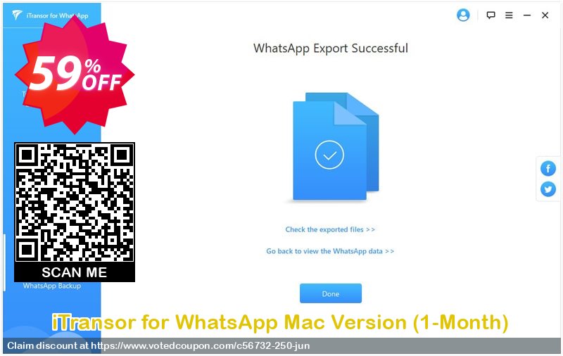 iTransor for WhatsApp MAC Version, 1-Month  Coupon, discount 58% OFF iTransor for WhatsApp Mac Version (1-Month), verified. Promotion: Awful offer code of iTransor for WhatsApp Mac Version (1-Month), tested & approved