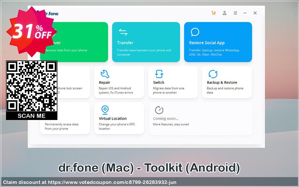 dr.fone, MAC - Toolkit, Android  Coupon, discount Dr.fone all site promotion-30% off. Promotion: Amazing promo code of dr.fone - Android Toolkit (Mac) 2024